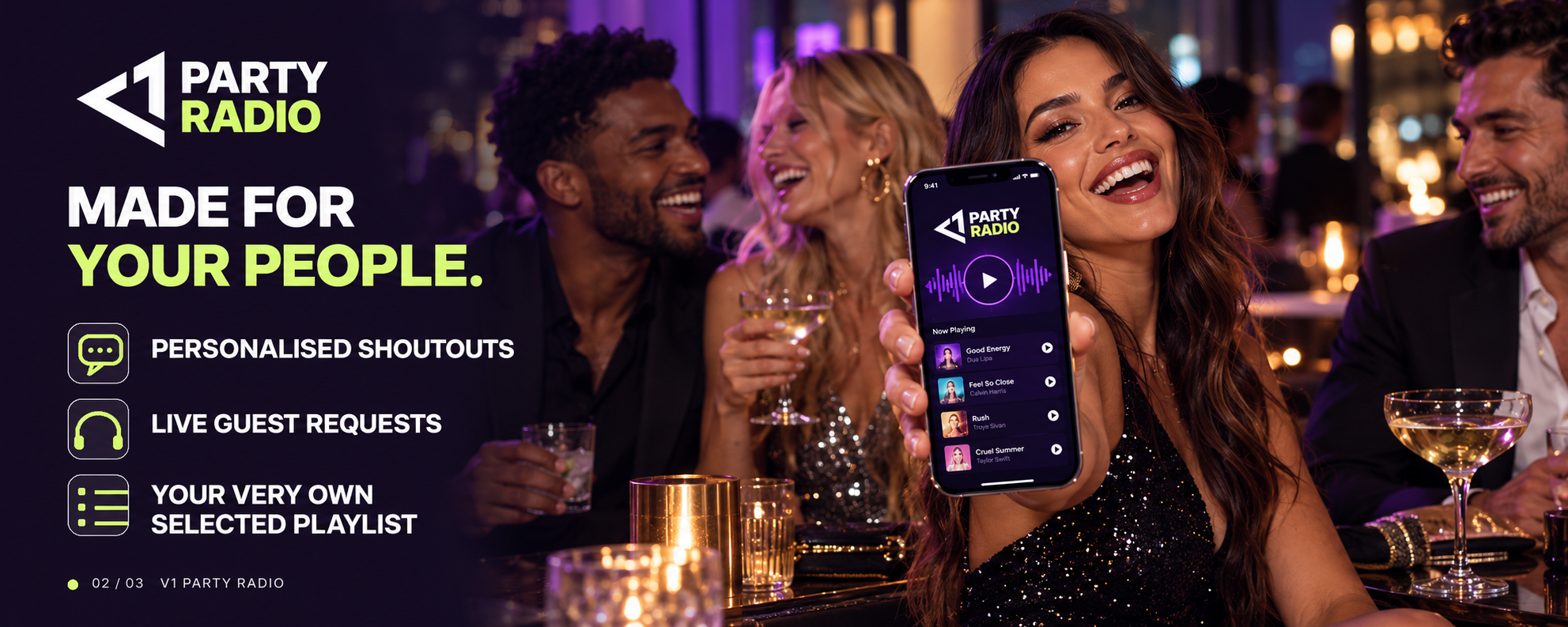 V1 Party Radio: personalised shoutouts, live guest requests and a playlist selected for you