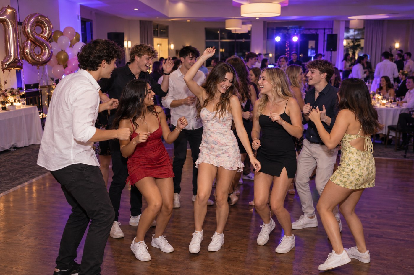 Friends dancing at an 18th birthday in a reception venue