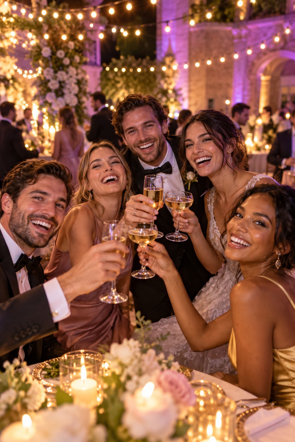 Friends raising champagne glasses at a celebration